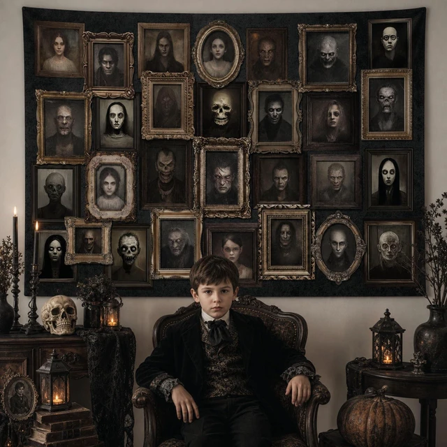 Alt view image 3 of 7 - 10x7ft Happy Halloween Portrait Backdrop (Black, 120x82 inch) Cotton Material, Horror Halloween Party Decorations Banner, Haunted House Photo Frames Background Party Supplies