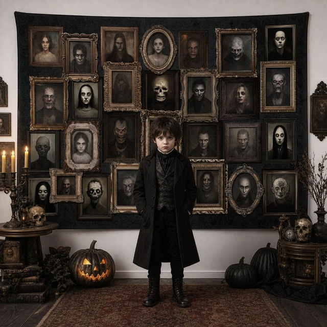 Alt view image 6 of 7 - 10x7ft Happy Halloween Portrait Backdrop (Black, 120x82 inch) Cotton Material, Horror Halloween Party Decorations Banner, Haunted House Photo Frames Background Party Supplies