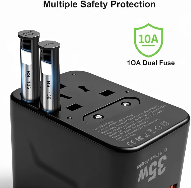 Alt view image 3 of 6 - 35W PD Travel Adapter 5-Port Type C G I A Black Gray 5-Port 1AC 2USB-A 2USB-C all-in-one international plug for EU US UK travel essential