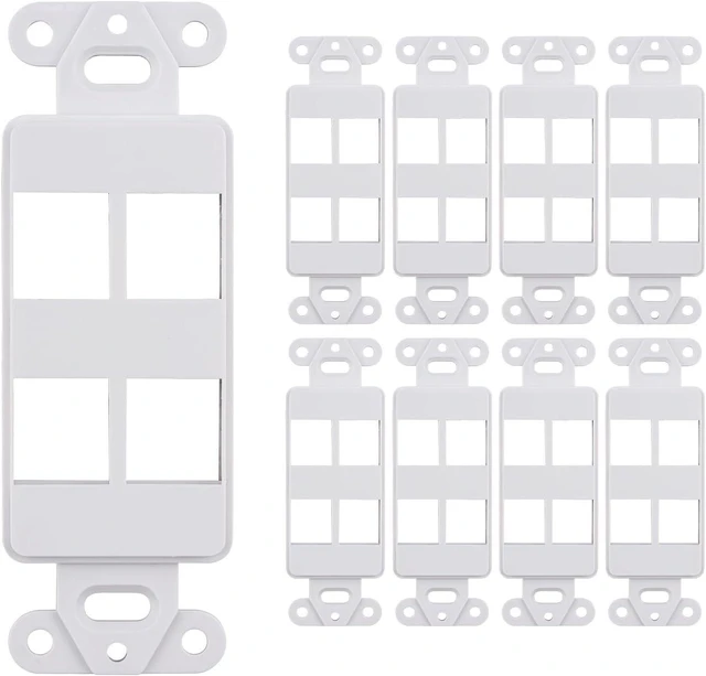 Main image of 10 Pack Keystone Wall Plate 4 Port, White Decorator Insert Cover for Ethernet, HDMI, Coax, Cat6 Cat5, RJ45, Home & Office Installations