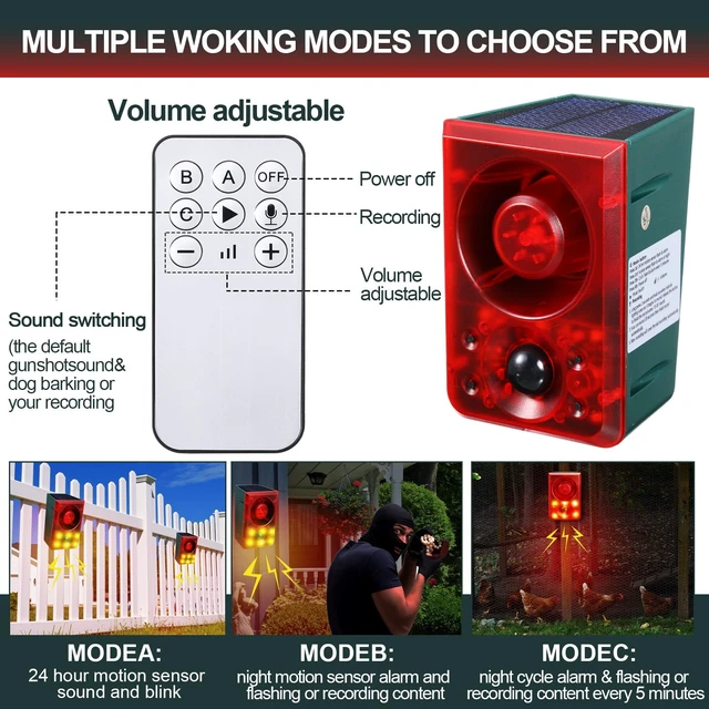 Alt view image 2 of 7 - Solar Outdoor Motion Sensor Alarm Animal Deterrent Gunshot Sound Dog Barking Alarm 130dB Loud Noise Maker 3 Modes with USB Remote Control Support Recording and Volume Adjustment(2 Pcs,Red)