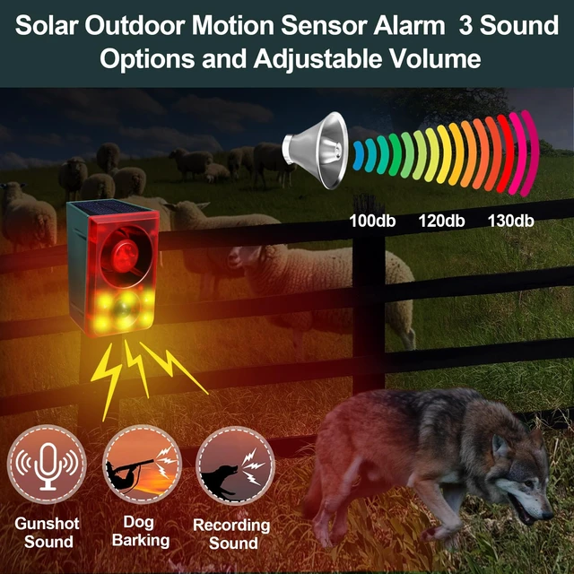 Alt view image 5 of 7 - Solar Outdoor Motion Sensor Alarm Animal Deterrent Gunshot Sound Dog Barking Alarm 130dB Loud Noise Maker 3 Modes with USB Remote Control Support Recording and Volume Adjustment(2 Pcs,Red)