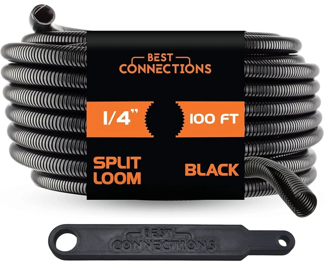 Main image of 1/4" x 100 ft Split Wire Loom Flex-Guard Convoluted Tubing with Installation Tool - Protective Cable Sleeves for Automotive Home Electrical Wires Chemical Resistant Conduit Black
