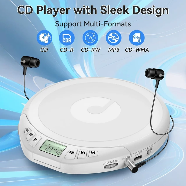 Alt view image 2 of 7 - Portable CD Player with Headphone,Anti-Skip CD Player for Car,White Portable CD Player with Headphones,CD Player for Car, Anti-Skip&Shockproof Function perfect for sport and ountdoor activities