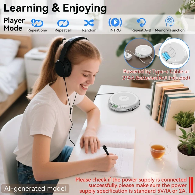 Alt view image 6 of 7 - Portable CD Player with Headphone,Anti-Skip CD Player for Car,White Portable CD Player with Headphones,CD Player for Car, Anti-Skip&Shockproof Function perfect for sport and ountdoor activities
