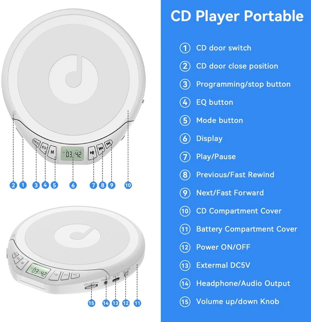 Alt view image 7 of 7 - Portable CD Player with Headphone,Anti-Skip CD Player for Car,White Portable CD Player with Headphones,CD Player for Car, Anti-Skip&Shockproof Function perfect for sport and ountdoor activities