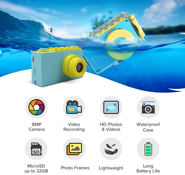 Alt view image 7 of 7 - myFirst Camera 2 - Kids Action and Underwater Camera, 8MP 1080P HD Video Webcam, For Toddler, Tripod Mount, MicroSD Card, Neck Lanyard, Christmas or Birthday Gift for Kids 3-12 (Blue)