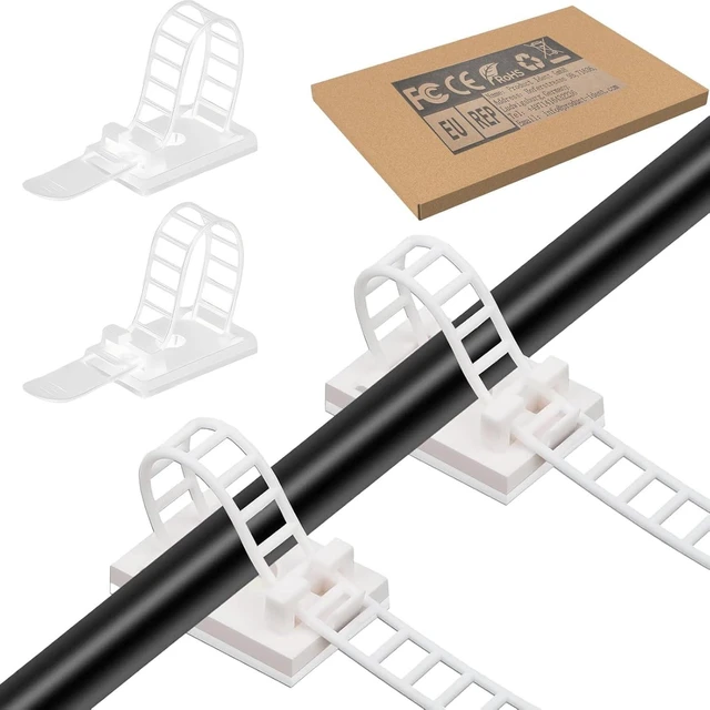 Main image of Adjustable Adhesive Cable Management Clips 100Pcs, Large self Adhesive Cable Ties Clips Suitable for Cable Management Under desks and on Walls (White)