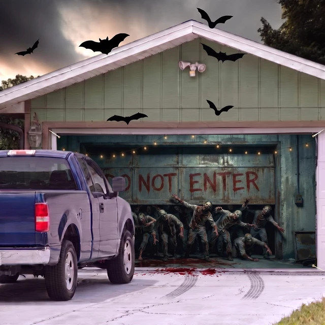 Alt view image 2 of 6 - Halloween Scary Garage Door Cover Banner, 7x16ft, Zombie Halloween Garage Door Decorations, Backdrop Wall Background, Party Decorations, for Home Outdoor Holiday Wall Decor