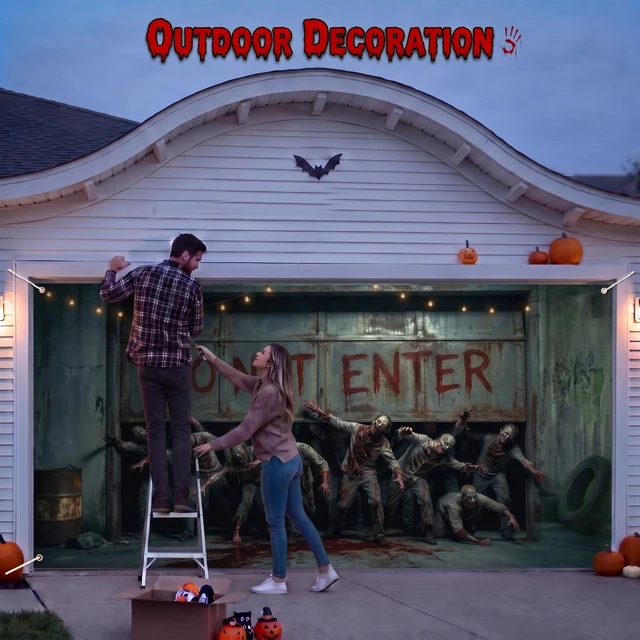 Alt view image 5 of 6 - Halloween Scary Garage Door Cover Banner, 7x16ft, Zombie Halloween Garage Door Decorations, Backdrop Wall Background, Party Decorations, for Home Outdoor Holiday Wall Decor