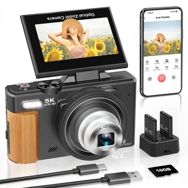 Main image of 5K Digital Camera for Photography, 80MP Vlogging Camera for YouTube 12 × Optical Zoom, Autofocus, 3" 180° Flip Screen, Retractable Lens, Flash, 16GB Micro SD Card & 2 Batteries