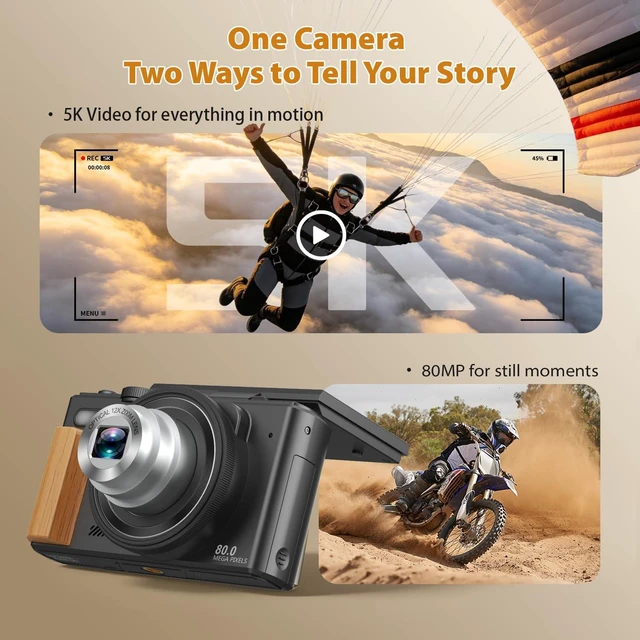 Alt view image 2 of 7 - 5K Digital Camera for Photography, 80MP Vlogging Camera for YouTube 12 × Optical Zoom, Autofocus, 3" 180° Flip Screen, Retractable Lens, Flash, 16GB Micro SD Card & 2 Batteries