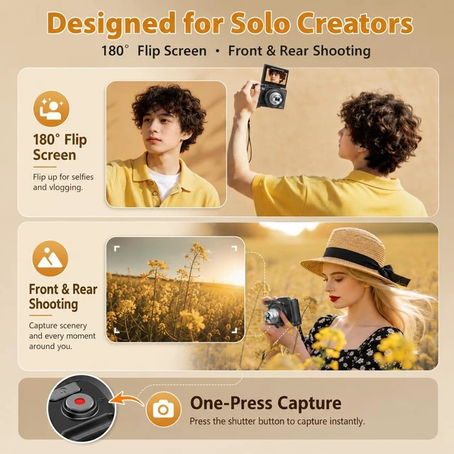 Alt view image 4 of 7 - 5K Digital Camera for Photography, 80MP Vlogging Camera for YouTube 12 × Optical Zoom, Autofocus, 3" 180° Flip Screen, Retractable Lens, Flash, 16GB Micro SD Card & 2 Batteries