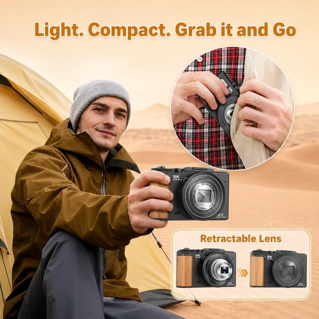 Alt view image 6 of 7 - 5K Digital Camera for Photography, 80MP Vlogging Camera for YouTube 12 × Optical Zoom, Autofocus, 3" 180° Flip Screen, Retractable Lens, Flash, 16GB Micro SD Card & 2 Batteries