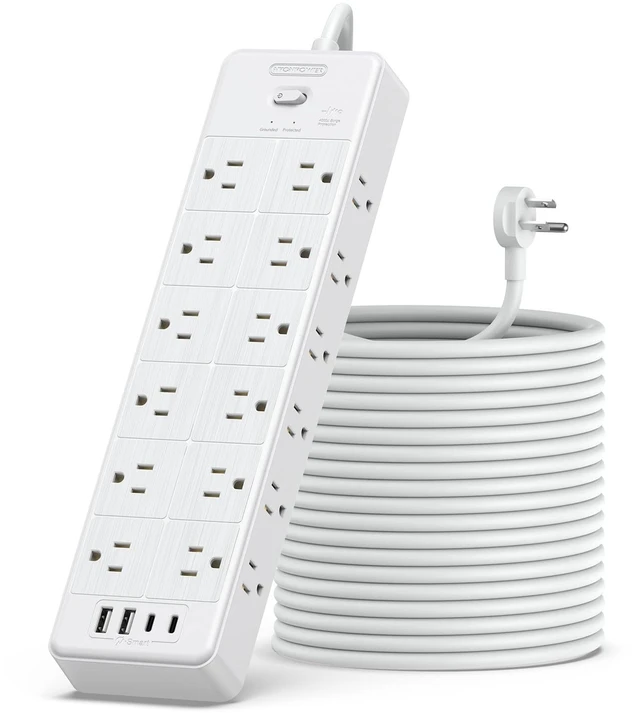 Main image of Long Power Strip Surge Protector, 25FT Extension Cord with 24 AC Outlets 4 USB, 1875W/15A, 4000 Joules Flat Plug Power Extender for Home, Office, Dorm, Gaming Room, White