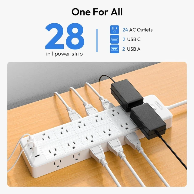 Alt view image 3 of 7 - Long Power Strip Surge Protector, 25FT Extension Cord with 24 AC Outlets 4 USB, 1875W/15A, 4000 Joules Flat Plug Power Extender for Home, Office, Dorm, Gaming Room, White