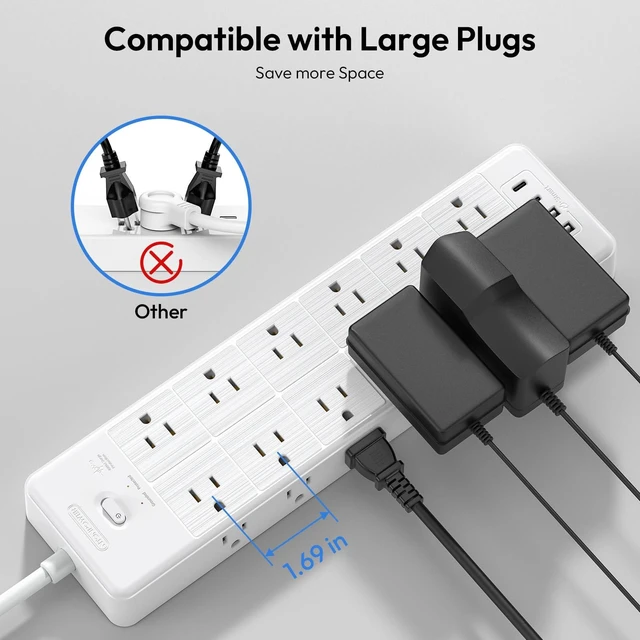 Alt view image 4 of 7 - Long Power Strip Surge Protector, 25FT Extension Cord with 24 AC Outlets 4 USB, 1875W/15A, 4000 Joules Flat Plug Power Extender for Home, Office, Dorm, Gaming Room, White