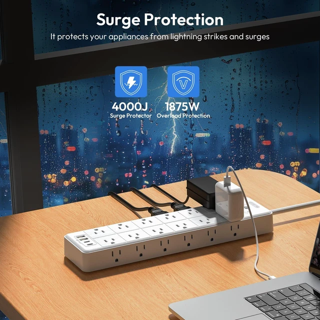 Alt view image 5 of 7 - Long Power Strip Surge Protector, 25FT Extension Cord with 24 AC Outlets 4 USB, 1875W/15A, 4000 Joules Flat Plug Power Extender for Home, Office, Dorm, Gaming Room, White