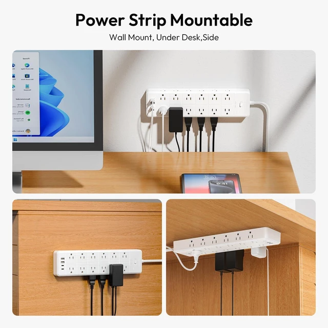 Alt view image 6 of 7 - Long Power Strip Surge Protector, 25FT Extension Cord with 24 AC Outlets 4 USB, 1875W/15A, 4000 Joules Flat Plug Power Extender for Home, Office, Dorm, Gaming Room, White