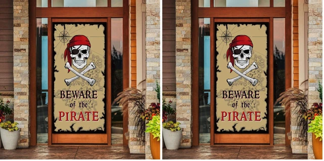 Main image of Beware of Pirates Door Banner 3.28 x 5.90 ft, Pirate Halloween Decorations Pirate Party Decorations Banner Skull, Backdrop Door Cover, Pirate Halloween Decor, Halloween Birthday Adventure Supplies