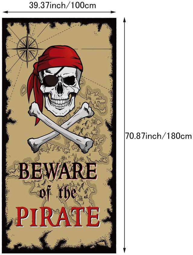 Alt view image 2 of 7 - Beware of Pirates Door Banner 3.28 x 5.90 ft, Pirate Halloween Decorations Pirate Party Decorations Banner Skull, Backdrop Door Cover, Pirate Halloween Decor, Halloween Birthday Adventure Supplies