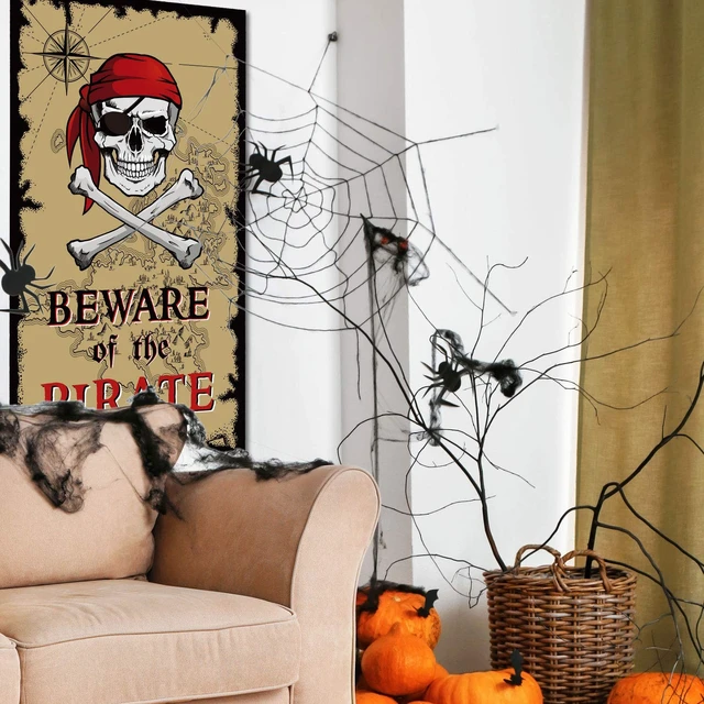 Alt view image 5 of 7 - Beware of Pirates Door Banner 3.28 x 5.90 ft, Pirate Halloween Decorations Pirate Party Decorations Banner Skull, Backdrop Door Cover, Pirate Halloween Decor, Halloween Birthday Adventure Supplies
