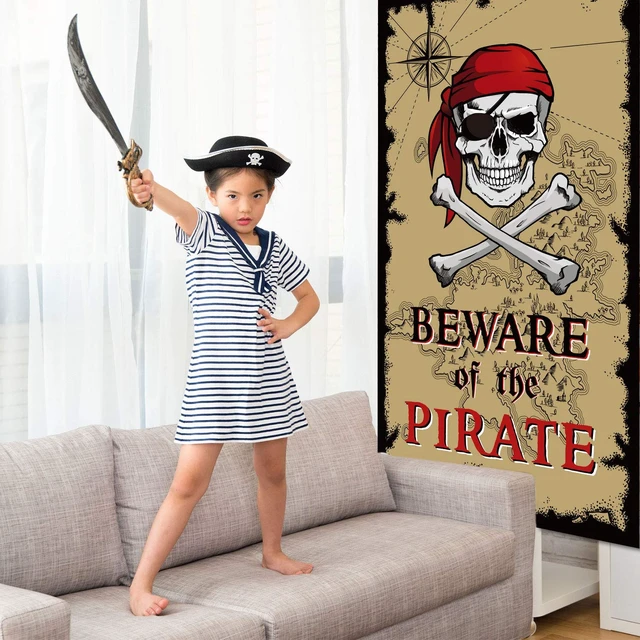 Alt view image 6 of 7 - Beware of Pirates Door Banner 3.28 x 5.90 ft, Pirate Halloween Decorations Pirate Party Decorations Banner Skull, Backdrop Door Cover, Pirate Halloween Decor, Halloween Birthday Adventure Supplies