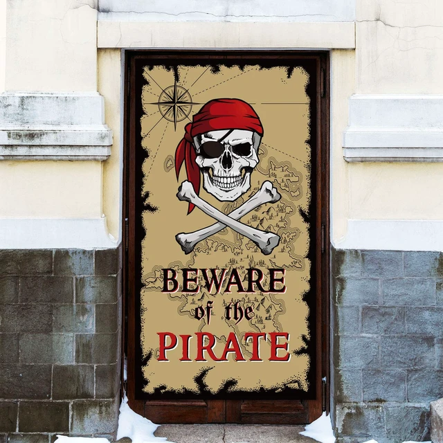 Alt view image 4 of 7 - Beware of Pirates Door Banner 3.28 x 5.90 ft, Pirate Halloween Decorations Pirate Party Decorations Banner Skull, Backdrop Door Cover, Pirate Halloween Decor, Halloween Birthday Adventure Supplies
