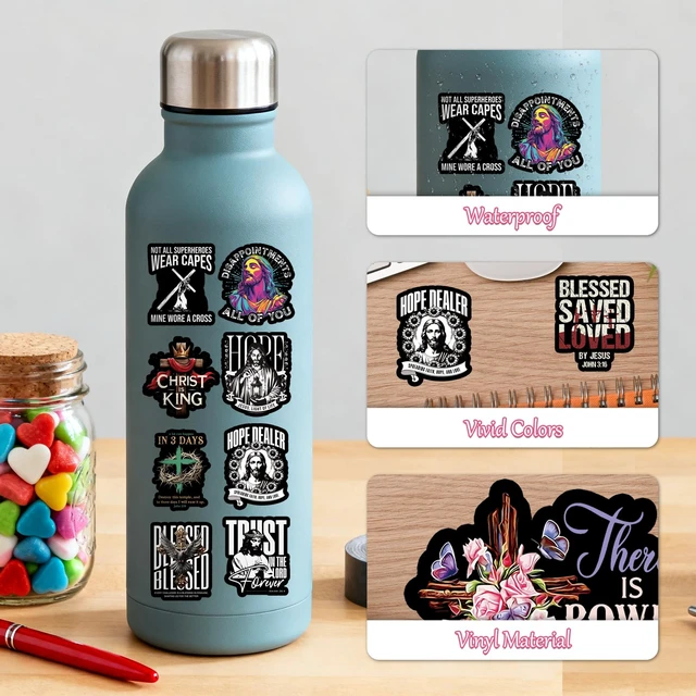 Alt view image 4 of 6 - 100pcs Jesus Bible Verse Stickers Christian Religious Faith Decals 50Designs,Easy to Peel, Good Adhesive, Vivid Color, Waterproof Vinyl, Bible Study Prayer Board Supplies, Decor Water Bottle