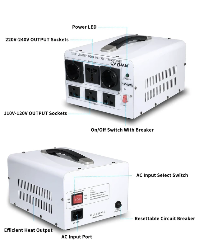 Alt view image 2 of 7 - 5000W Voltage Transformer Power Converter Step Up 110V to 220V, Step Down 220V to 110V, 110/120 Volt - 220/240 Volt