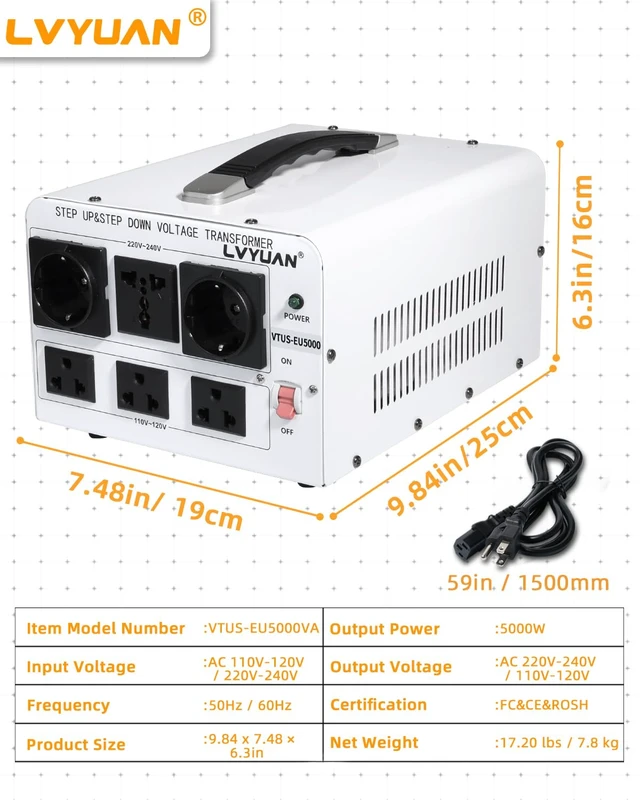 Alt view image 7 of 7 - 5000W Voltage Transformer Power Converter Step Up 110V to 220V, Step Down 220V to 110V, 110/120 Volt - 220/240 Volt