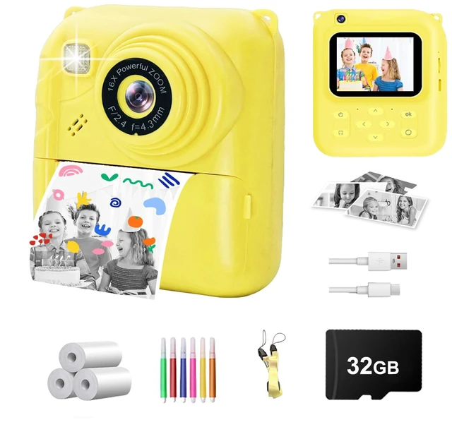 Main image of Instant Print Camera for Kids, 1080P Video Camera with 3 Print Rolls 32GB Card & Cute Cover, Gift for Girls Boys Age 3-12, Toddler Digital Camera with Games, Filters, Music Yellow