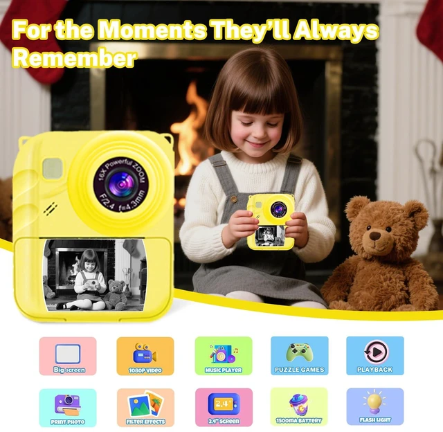 Alt view image 2 of 7 - Instant Print Camera for Kids, 1080P Video Camera with 3 Print Rolls 32GB Card & Cute Cover, Gift for Girls Boys Age 3-12, Toddler Digital Camera with Games, Filters, Music Yellow