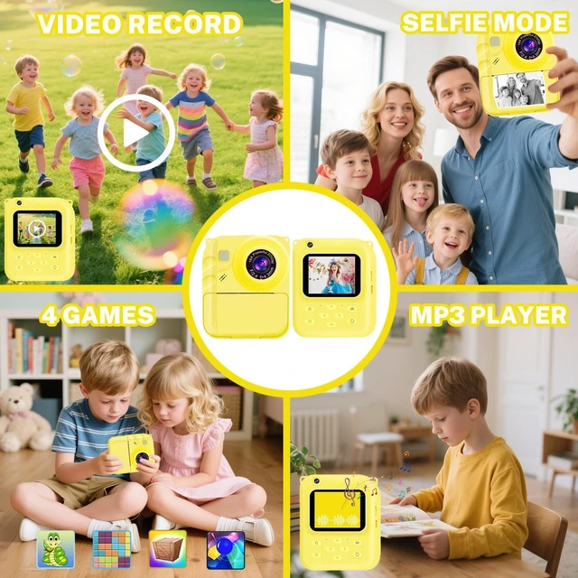 Alt view image 3 of 7 - Instant Print Camera for Kids, 1080P Video Camera with 3 Print Rolls 32GB Card & Cute Cover, Gift for Girls Boys Age 3-12, Toddler Digital Camera with Games, Filters, Music Yellow