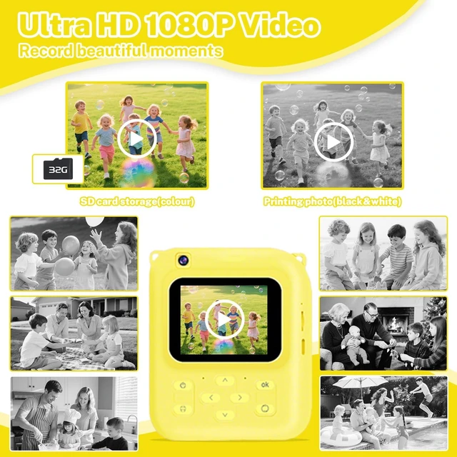 Alt view image 4 of 7 - Instant Print Camera for Kids, 1080P Video Camera with 3 Print Rolls 32GB Card & Cute Cover, Gift for Girls Boys Age 3-12, Toddler Digital Camera with Games, Filters, Music Yellow