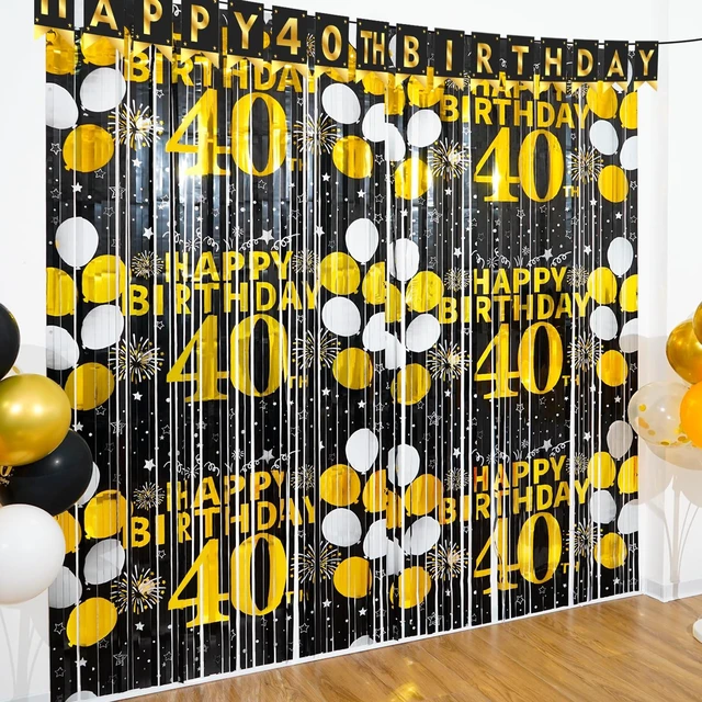 Main image of 40th Birthday Decorations for Men Women Happy 40th Birthday Fringe Curtains 2 Pack Black Gold 3.3 x 6.6ft Cheers to 40 Years Old Foil Tinsel Streamers Photo Booth Props Backdrop Party Supplies