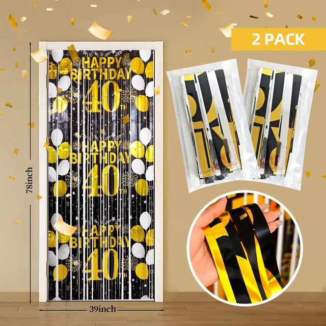 Alt view image 2 of 6 - 40th Birthday Decorations for Men Women Happy 40th Birthday Fringe Curtains 2 Pack Black Gold 3.3 x 6.6ft Cheers to 40 Years Old Foil Tinsel Streamers Photo Booth Props Backdrop Party Supplies