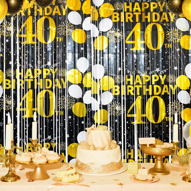 Alt view image 3 of 6 - 40th Birthday Decorations for Men Women Happy 40th Birthday Fringe Curtains 2 Pack Black Gold 3.3 x 6.6ft Cheers to 40 Years Old Foil Tinsel Streamers Photo Booth Props Backdrop Party Supplies