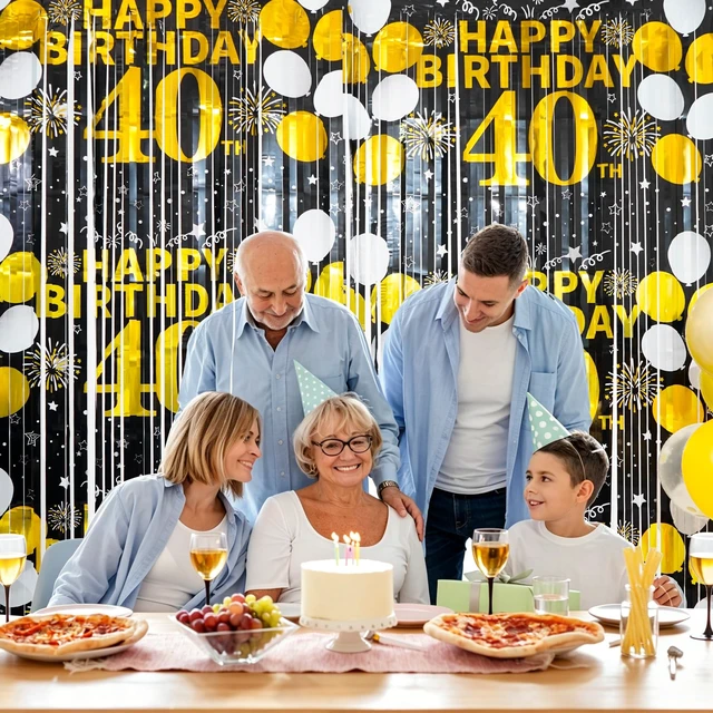Alt view image 4 of 6 - 40th Birthday Decorations for Men Women Happy 40th Birthday Fringe Curtains 2 Pack Black Gold 3.3 x 6.6ft Cheers to 40 Years Old Foil Tinsel Streamers Photo Booth Props Backdrop Party Supplies