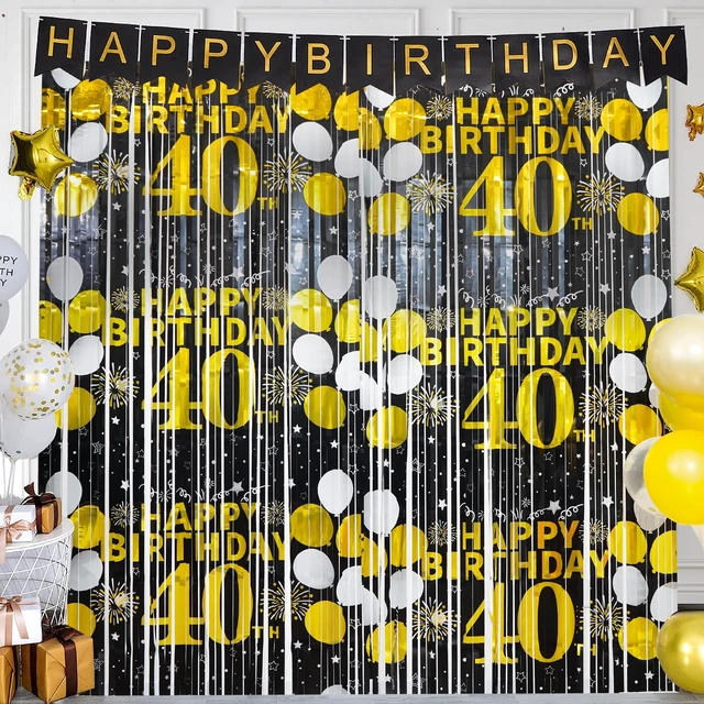 Alt view image 5 of 6 - 40th Birthday Decorations for Men Women Happy 40th Birthday Fringe Curtains 2 Pack Black Gold 3.3 x 6.6ft Cheers to 40 Years Old Foil Tinsel Streamers Photo Booth Props Backdrop Party Supplies