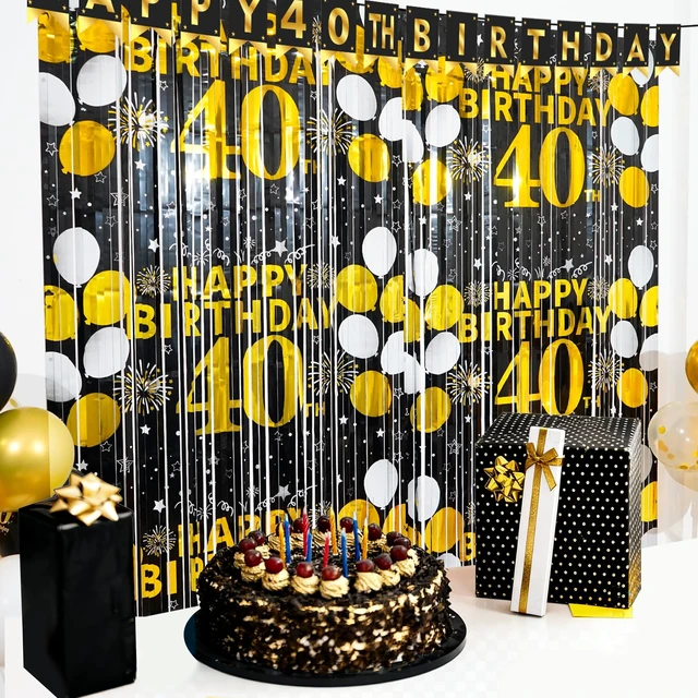 Alt view image 6 of 6 - 40th Birthday Decorations for Men Women Happy 40th Birthday Fringe Curtains 2 Pack Black Gold 3.3 x 6.6ft Cheers to 40 Years Old Foil Tinsel Streamers Photo Booth Props Backdrop Party Supplies