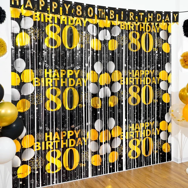 Main image of 80th Birthday Decorations for Men Happy 80th Birthday Foil Fringe Curtains 2 Pack 3.3 x 6.6ft Black Gold Cheers to 80 Years Old Wall Decor Backdrop Tinsel Streamers Photo Booth Props Party Supplies