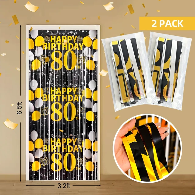 Alt view image 2 of 6 - 80th Birthday Decorations for Men Happy 80th Birthday Foil Fringe Curtains 2 Pack 3.3 x 6.6ft Black Gold Cheers to 80 Years Old Wall Decor Backdrop Tinsel Streamers Photo Booth Props Party Supplies