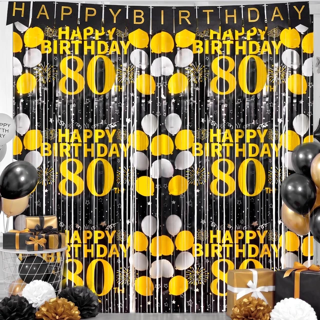 Alt view image 3 of 6 - 80th Birthday Decorations for Men Happy 80th Birthday Foil Fringe Curtains 2 Pack 3.3 x 6.6ft Black Gold Cheers to 80 Years Old Wall Decor Backdrop Tinsel Streamers Photo Booth Props Party Supplies