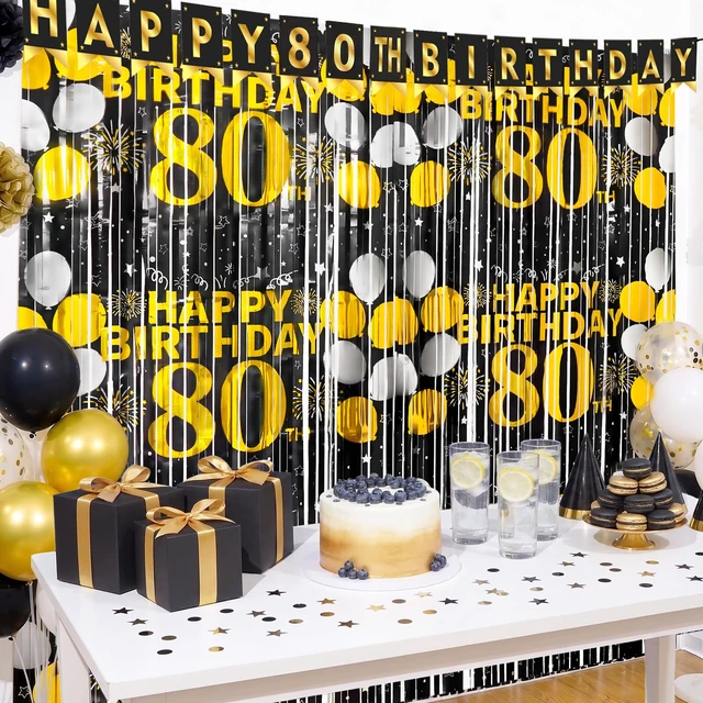 Alt view image 4 of 6 - 80th Birthday Decorations for Men Happy 80th Birthday Foil Fringe Curtains 2 Pack 3.3 x 6.6ft Black Gold Cheers to 80 Years Old Wall Decor Backdrop Tinsel Streamers Photo Booth Props Party Supplies
