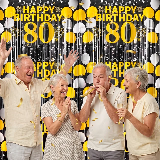 Alt view image 5 of 6 - 80th Birthday Decorations for Men Happy 80th Birthday Foil Fringe Curtains 2 Pack 3.3 x 6.6ft Black Gold Cheers to 80 Years Old Wall Decor Backdrop Tinsel Streamers Photo Booth Props Party Supplies