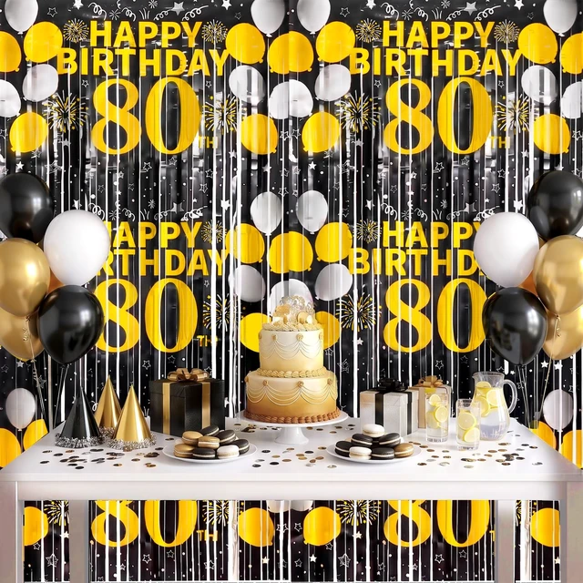 Alt view image 6 of 6 - 80th Birthday Decorations for Men Happy 80th Birthday Foil Fringe Curtains 2 Pack 3.3 x 6.6ft Black Gold Cheers to 80 Years Old Wall Decor Backdrop Tinsel Streamers Photo Booth Props Party Supplies