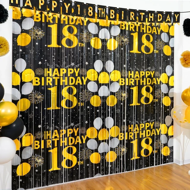 Main image of 18th Birthday Decorations for Boys Happy 18th Birthday Foil Fringe Curtains 2 Pack 3.3 x 6.6ft Black Gold 18 Years Old Wall Decor Backdrop Foil Tinsel Streamers Photo Booth Props Sign Party Supplies