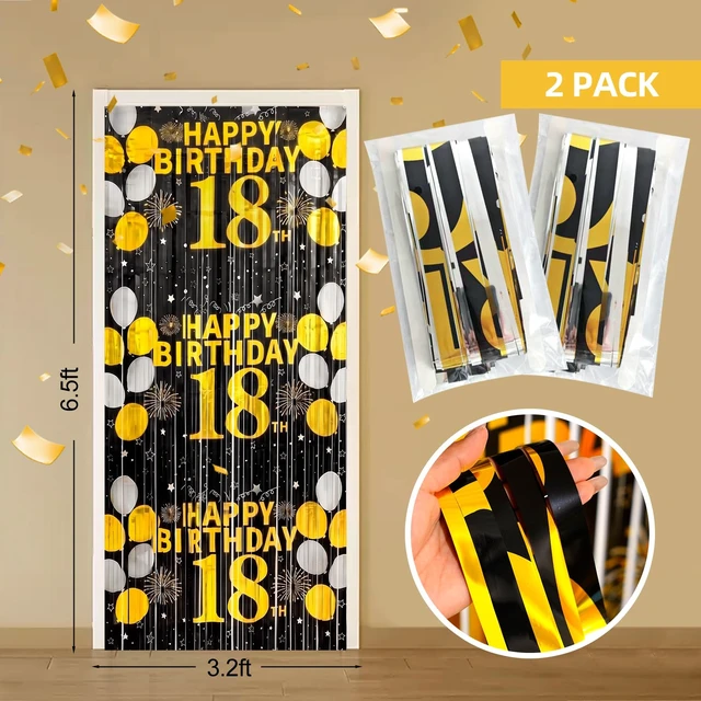 Alt view image 2 of 6 - 18th Birthday Decorations for Boys Happy 18th Birthday Foil Fringe Curtains 2 Pack 3.3 x 6.6ft Black Gold 18 Years Old Wall Decor Backdrop Foil Tinsel Streamers Photo Booth Props Sign Party Supplies