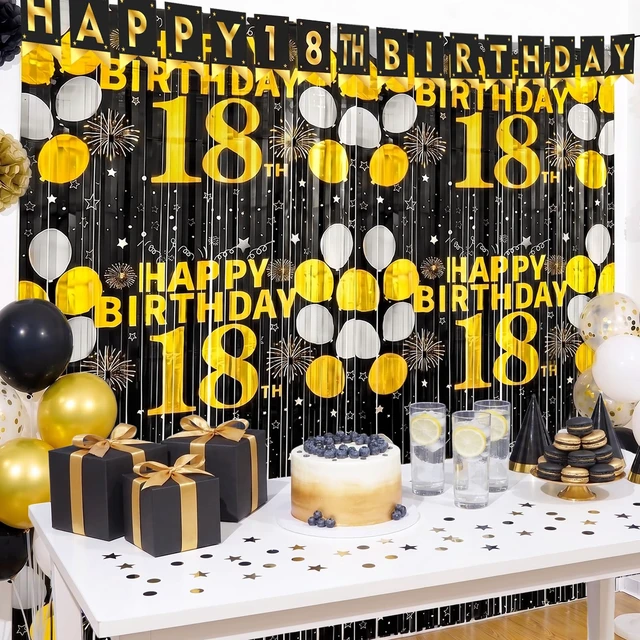 Alt view image 3 of 6 - 18th Birthday Decorations for Boys Happy 18th Birthday Foil Fringe Curtains 2 Pack 3.3 x 6.6ft Black Gold 18 Years Old Wall Decor Backdrop Foil Tinsel Streamers Photo Booth Props Sign Party Supplies